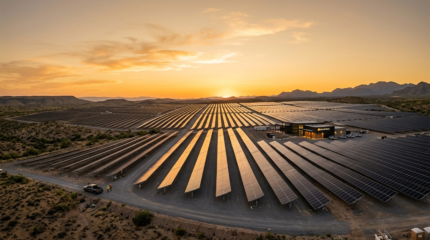 Solar energy field at sunset
